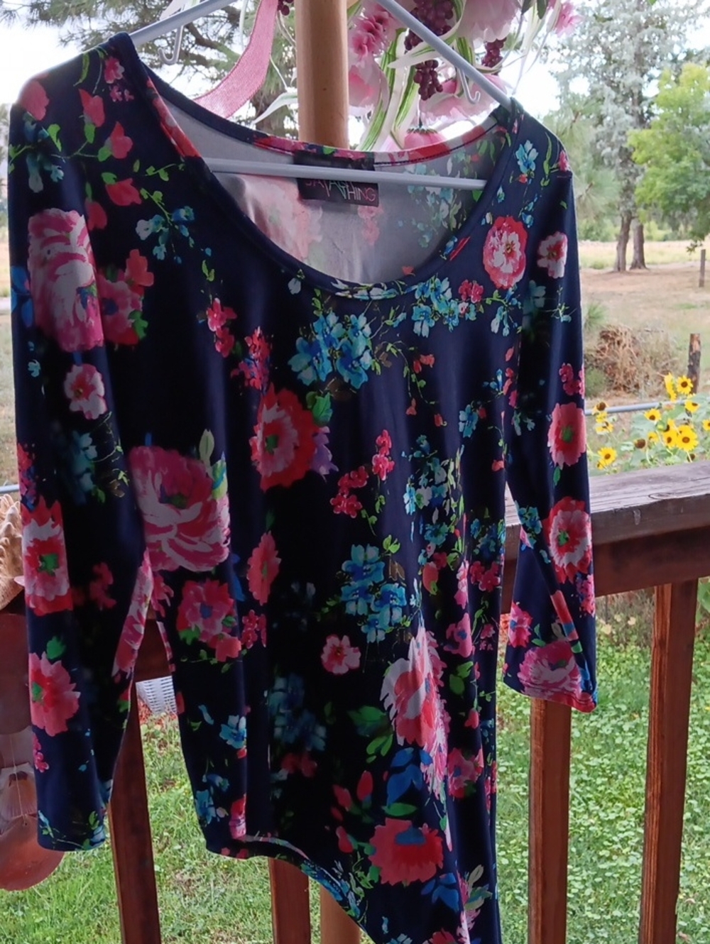 Women's Long Sleeve Floral Scoop Neck Top - Navy with Pink & Blue Flowers